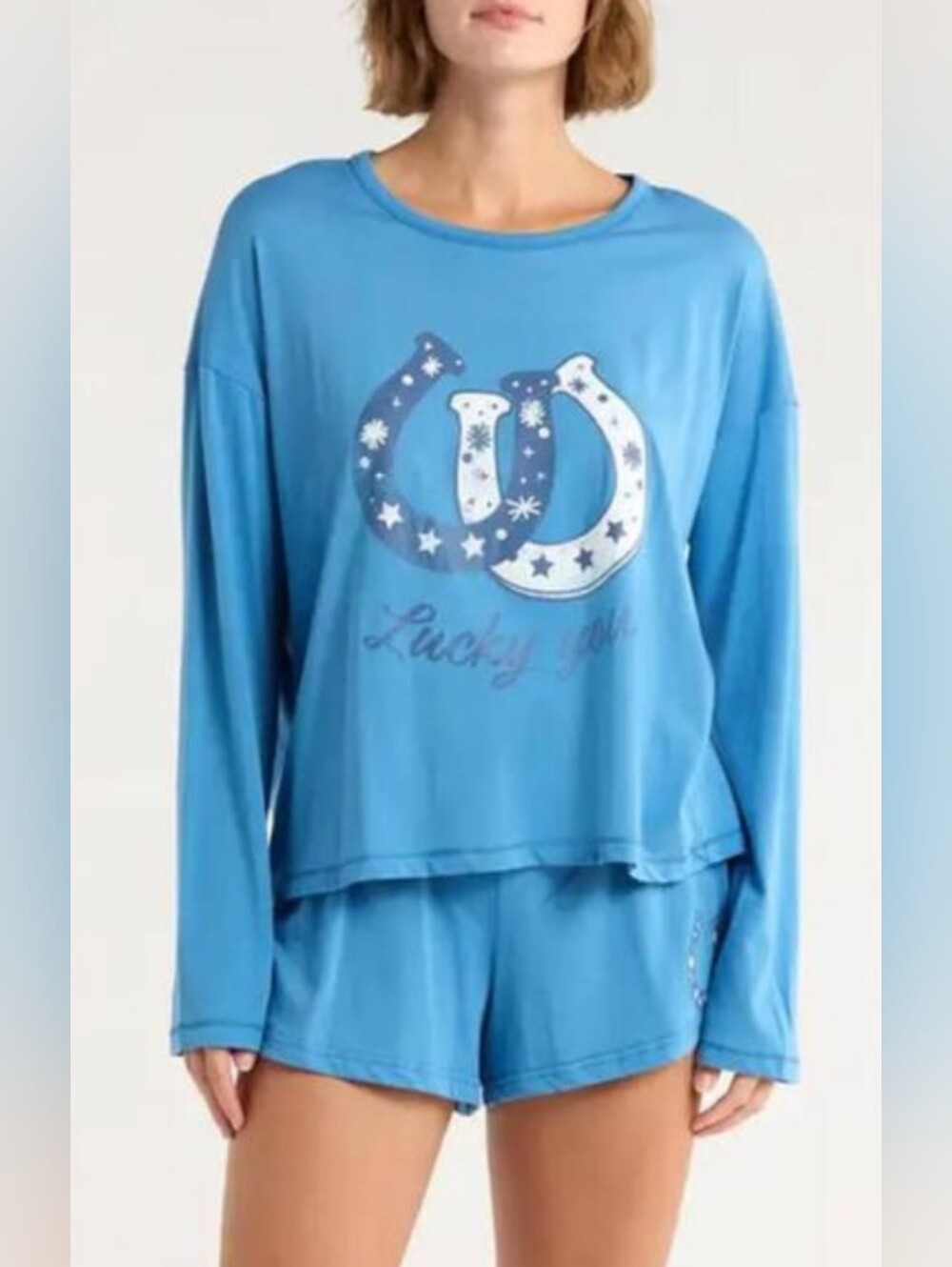 PJ SALVAGE Lucky You Horseshoe Graphic Pajama Set Shorts and Long Sleeves XL